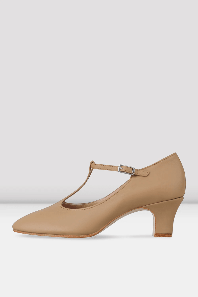 Bloch Ladies Chord T-Strap 2 inch Heel Character Shoes Tan Leather
