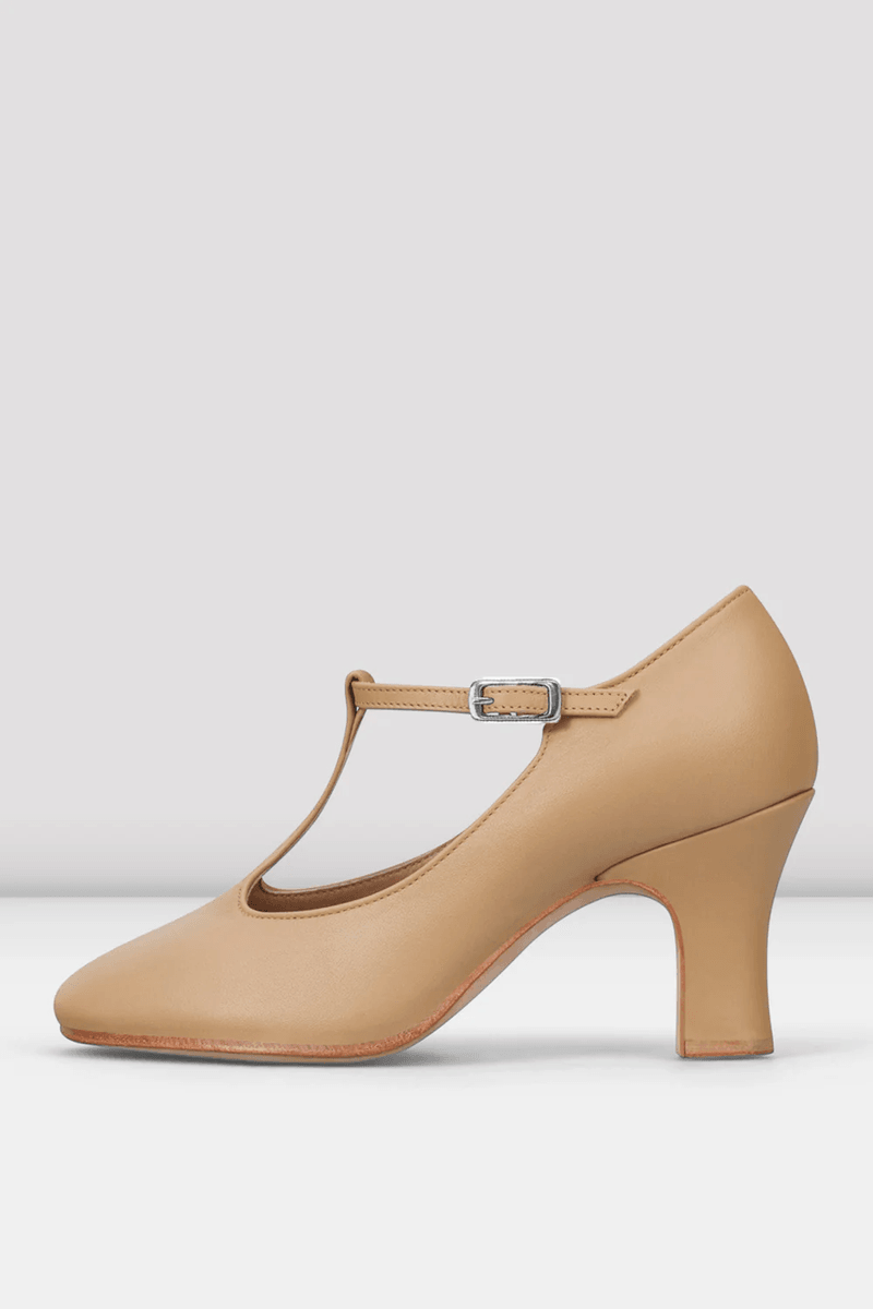 Bloch Ladies Chord T-Strap 3 inch Heel Character Shoes Tan Leather